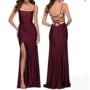 LA FEMME square neck spaghetti strap Strappy back gown with slit 12 NWT